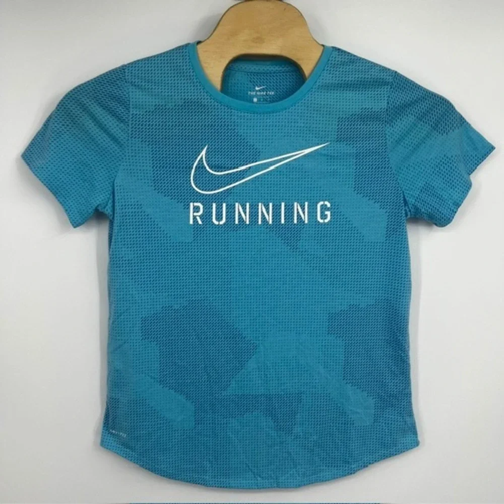 Nike Women's Large Dri-FIT Blue Geometric Camo Running T-Shirt Athletic Cut